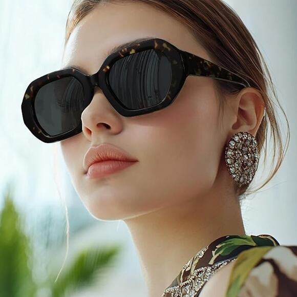 Havana Tortoise Frame Green Lens Hexagon Polarized Sunglasses Vintage for Women - Picture 4 of 4